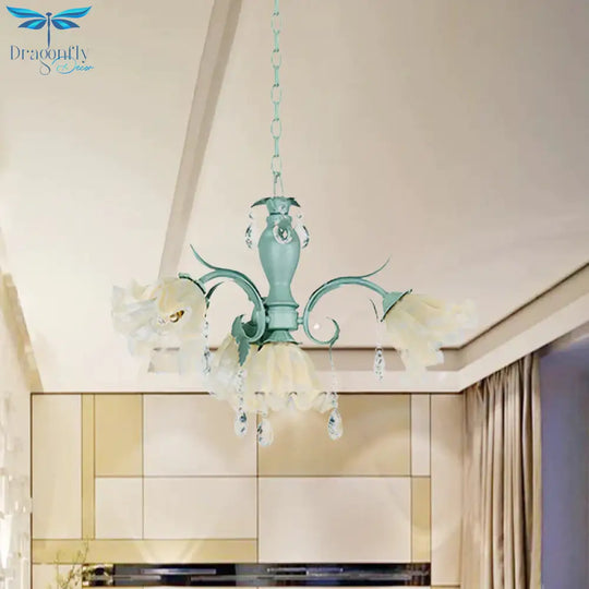 Ivory Glass Blue Pendant Lighting Scalloped 4/7/9 Heads Korean Flower Chandelier With Crystal Drop