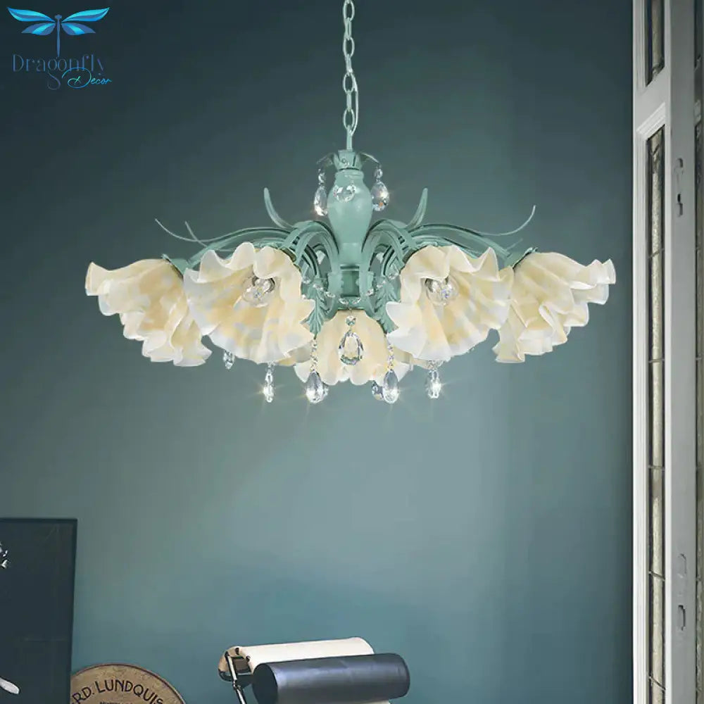 Ivory Glass Blue Pendant Lighting Scalloped 4/7/9 Heads Korean Flower Chandelier With Crystal Drop