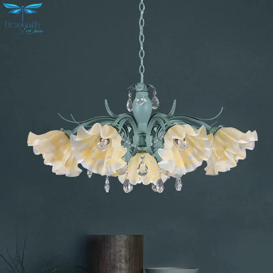 Ivory Glass Blue Pendant Lighting Scalloped 4/7/9 Heads Korean Flower Chandelier With Crystal Drop