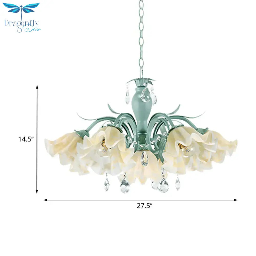 Ivory Glass Blue Pendant Lighting Scalloped 4/7/9 Heads Korean Flower Chandelier With Crystal Drop
