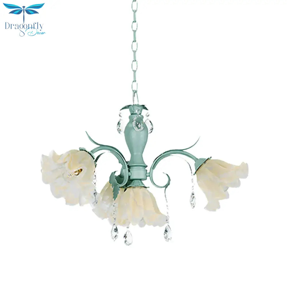 Ivory Glass Blue Pendant Lighting Scalloped 4/7/9 Heads Korean Flower Chandelier With Crystal Drop