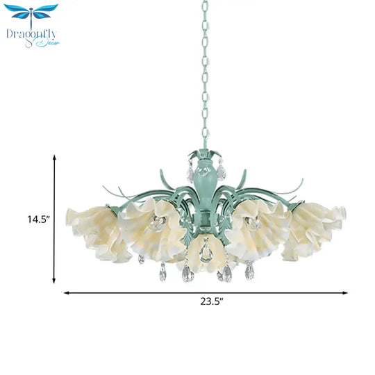 Ivory Glass Blue Pendant Lighting Scalloped 4/7/9 Heads Korean Flower Chandelier With Crystal Drop