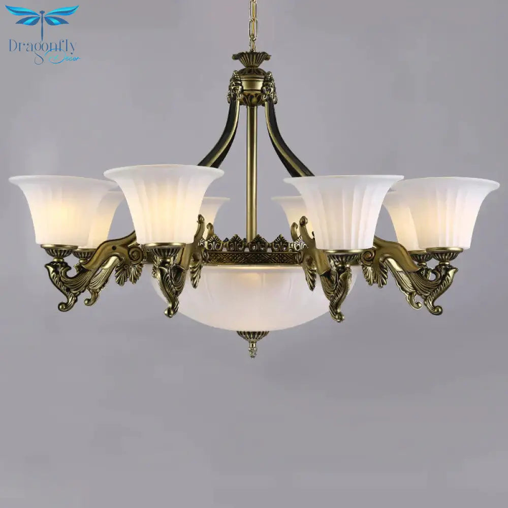 Ivory Glass Bowl/Bell Ceiling Hang Lamp Vintage 11 Lights Bedroom Chandelier Lighting