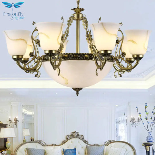 Ivory Glass Bowl/Bell Ceiling Hang Lamp Vintage 11 Lights Bedroom Chandelier Lighting