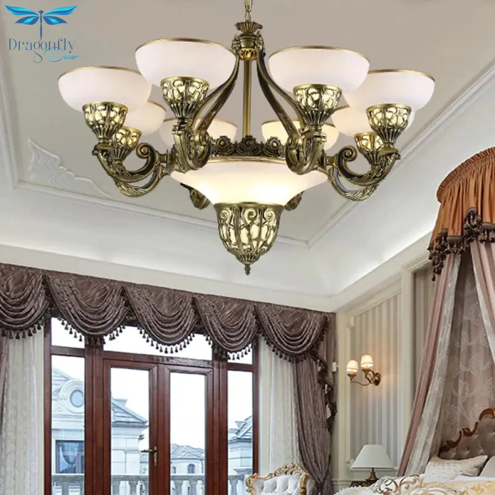 Ivory Glass Bowl/Bell Ceiling Hang Lamp Vintage 11 Lights Bedroom Chandelier Lighting