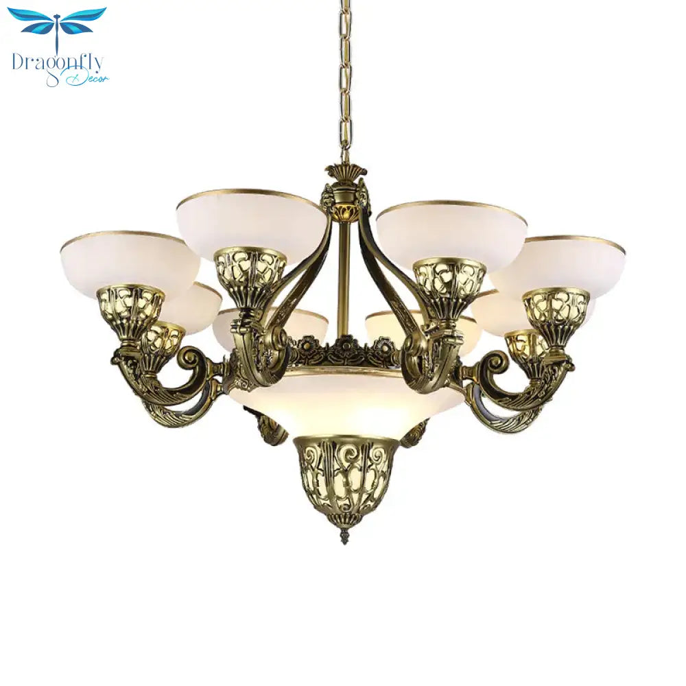 Ivory Glass Bowl/Bell Ceiling Hang Lamp Vintage 11 Lights Bedroom Chandelier Lighting