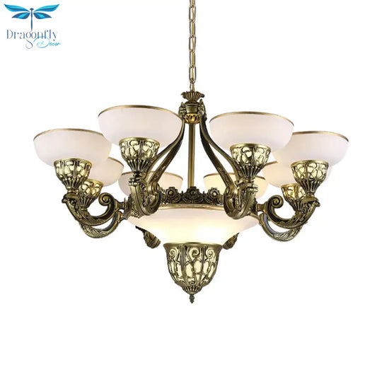 Ivory Glass Bowl/Bell Ceiling Hang Lamp Vintage 11 Lights Bedroom Chandelier Lighting