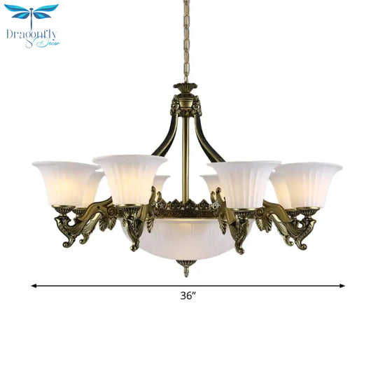 Ivory Glass Bowl/Bell Ceiling Hang Lamp Vintage 11 Lights Bedroom Chandelier Lighting