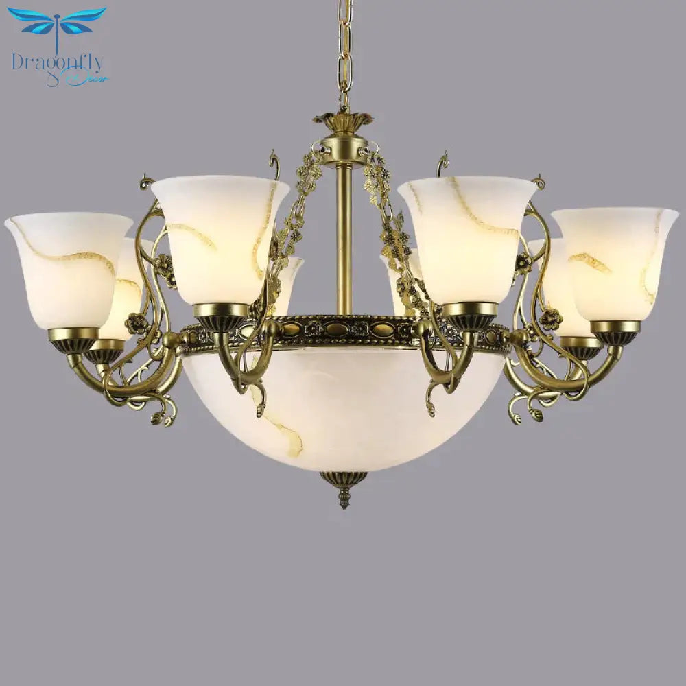 Ivory Glass Bowl/Bell Ceiling Hang Lamp Vintage 11 Lights Bedroom Chandelier Lighting