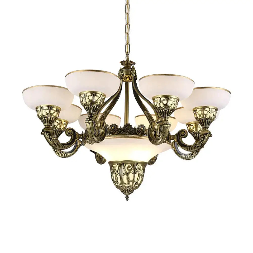 Ivory Glass Bowl/Bell Ceiling Hang Lamp Vintage 11 Lights Bedroom Chandelier Lighting Bronze / A