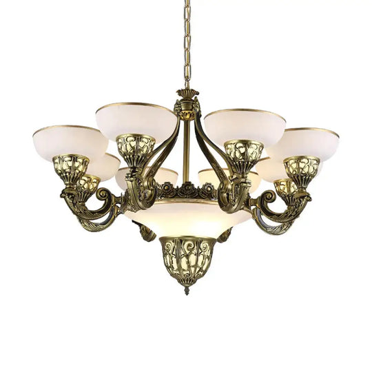 Ivory Glass Bowl/Bell Ceiling Hang Lamp Vintage 11 Lights Bedroom Chandelier Lighting Bronze / A