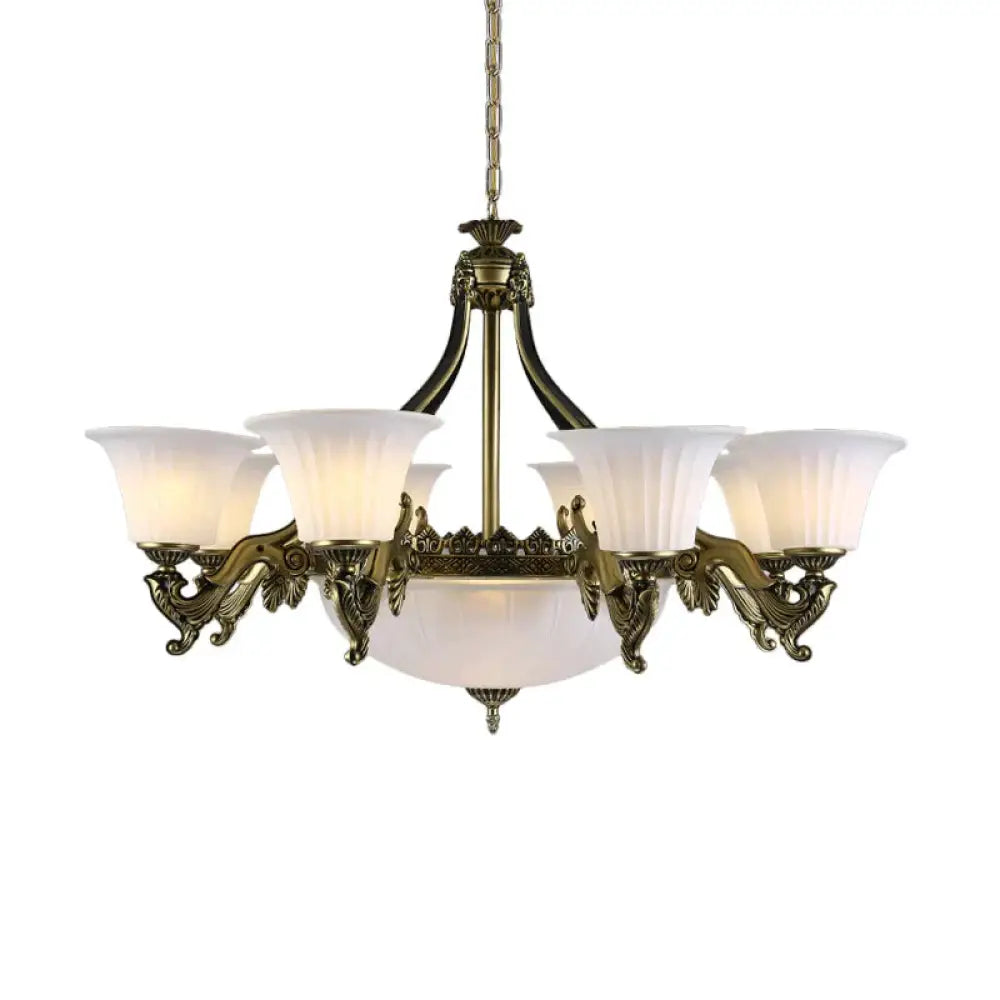 Ivory Glass Bowl/Bell Ceiling Hang Lamp Vintage 11 Lights Bedroom Chandelier Lighting Bronze / C