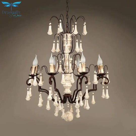 Ivory Tiered Pendant Chandelier Traditional Wooden 8 Heads Living Room Hanging Ceiling Light
