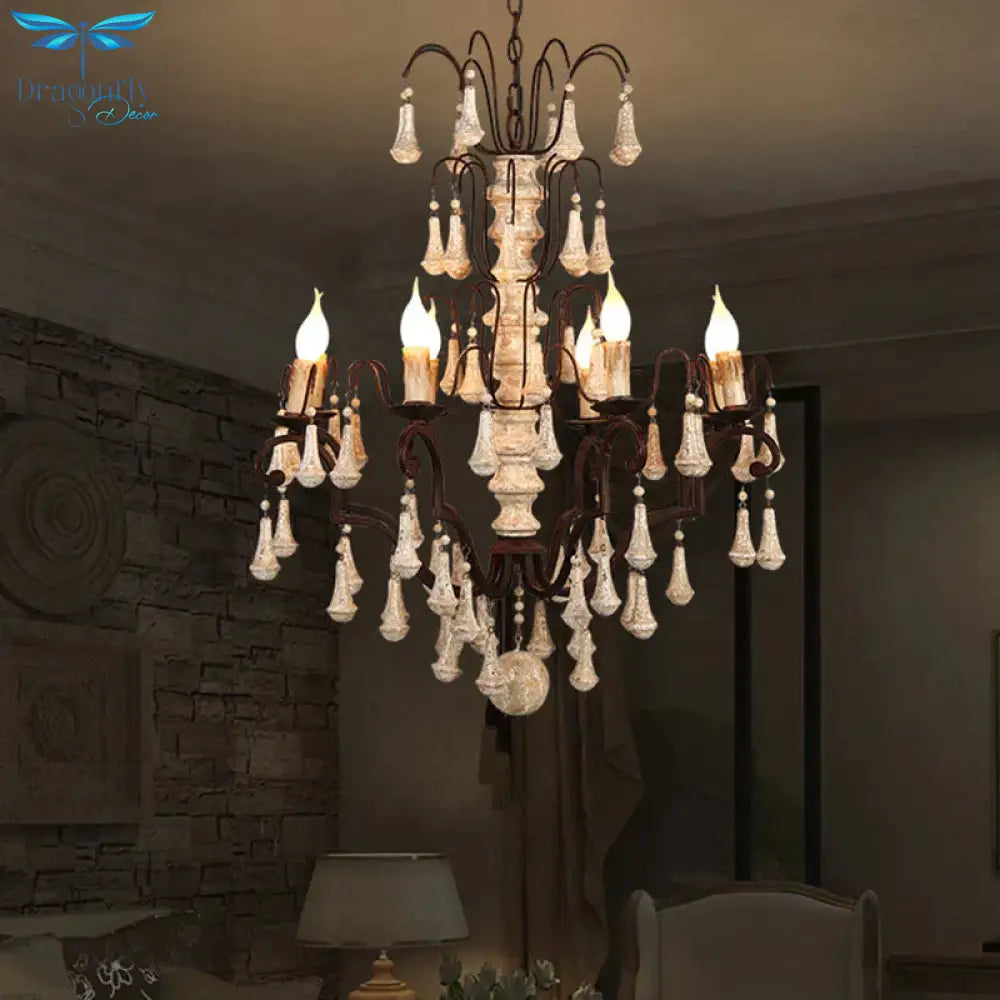 Ivory Tiered Pendant Chandelier Traditional Wooden 8 Heads Living Room Hanging Ceiling Light