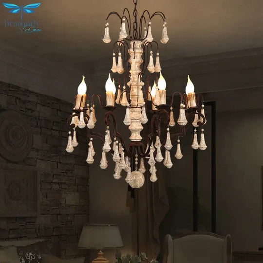 Ivory Tiered Pendant Chandelier Traditional Wooden 8 Heads Living Room Hanging Ceiling Light
