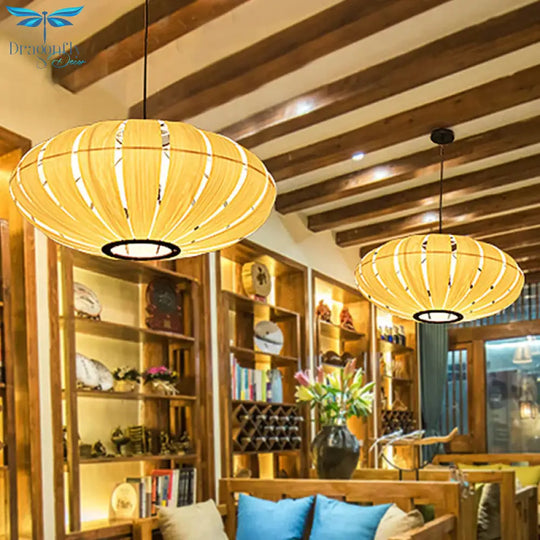 Japanese Lantern Pendant Chandelier Wood 3 Heads Suspended Lighting Fixture In Beige
