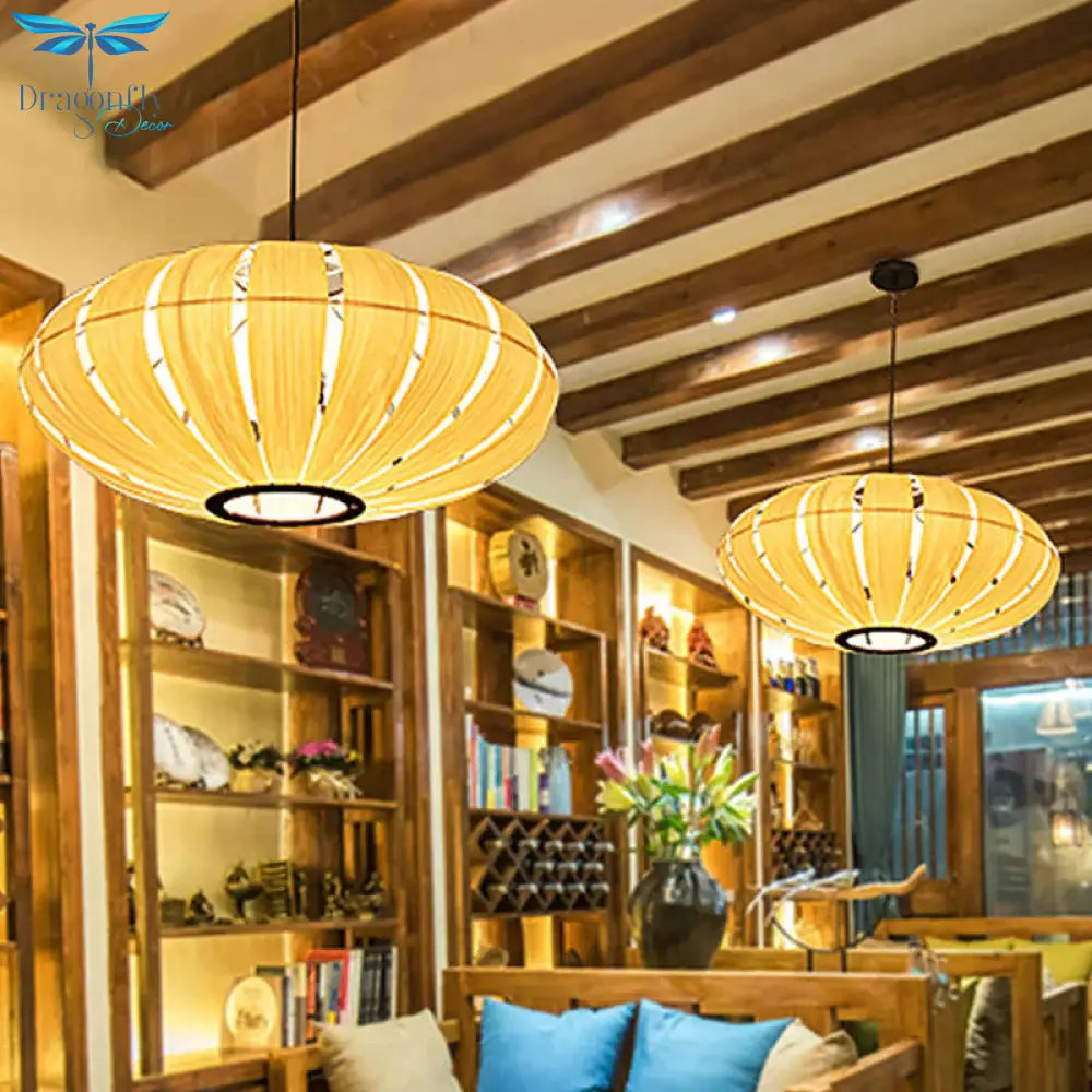 Japanese Lantern Pendant Chandelier Wood 3 Heads Suspended Lighting Fixture In Beige