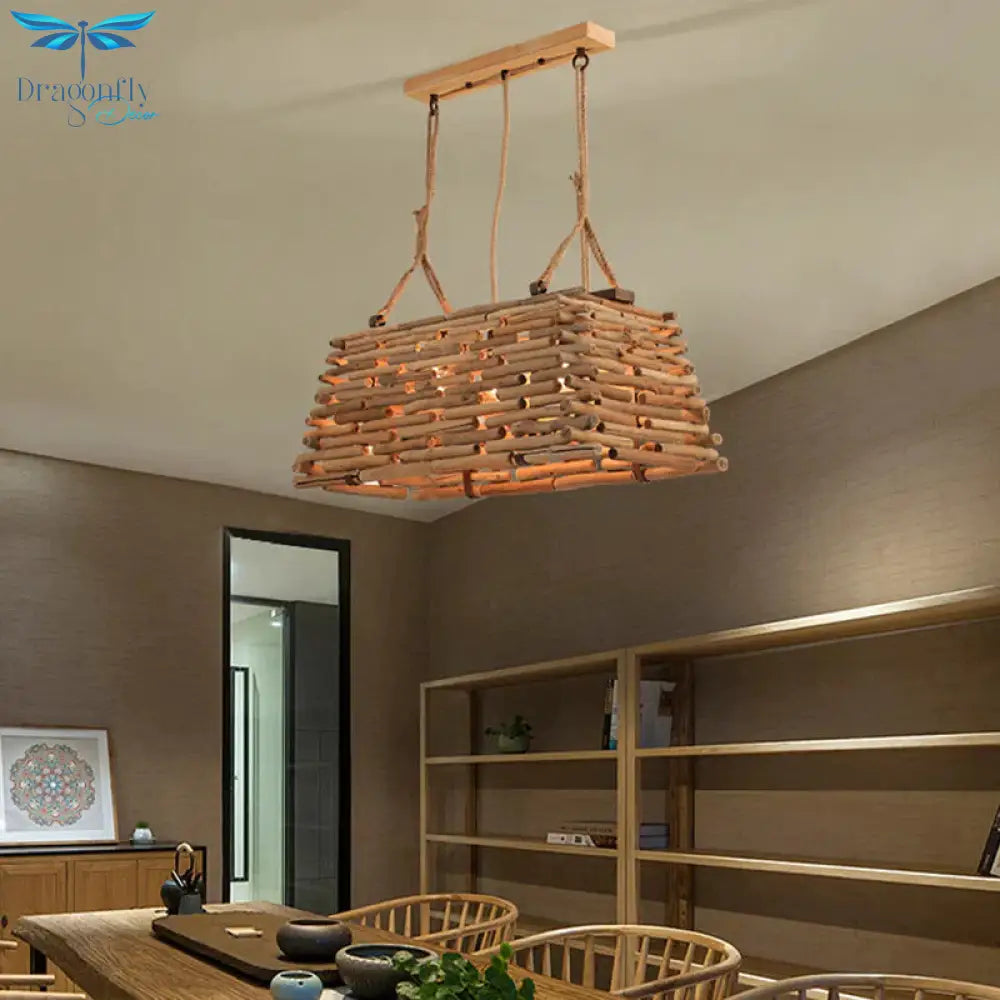 Japanese Trapezoid Pendant Chandelier Wood 3 Heads Hanging Ceiling Light In Brown For Dining Room