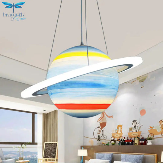 Kids 1 Bulb Suspension Light Yellow - Brown Jupiter/Blue Earth/Orange Sun Globe Pendant Chandelier