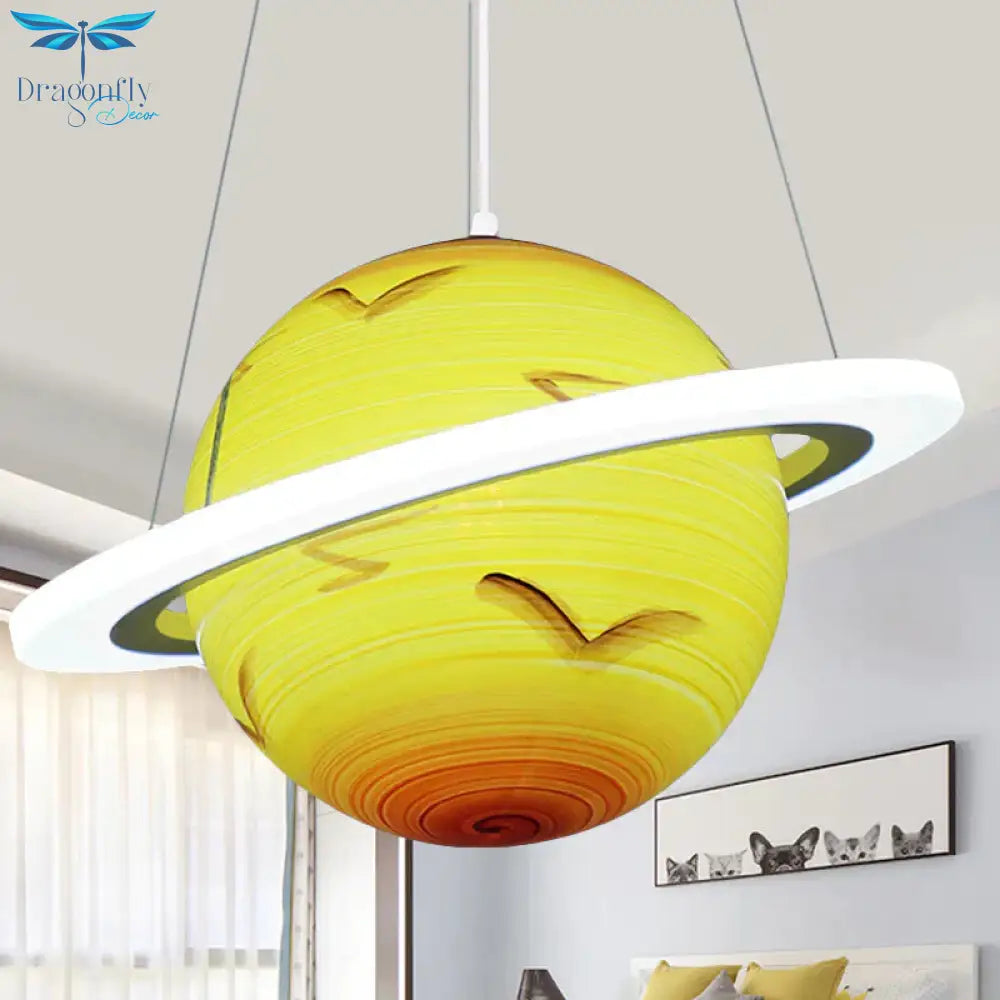 Kids 1 Bulb Suspension Light Yellow - Brown Jupiter/Blue Earth/Orange Sun Globe Pendant Chandelier