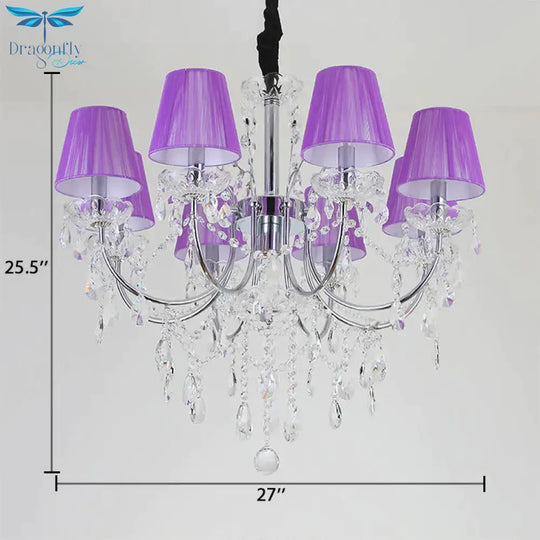 Kids Bedroom Lighting Crystal Chandelies 8 Light Fabric Shade Hanging In Nickel Finish