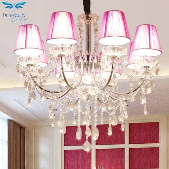 Kids Bedroom Lighting Crystal Chandelies 8 Light Fabric Shade Hanging In Nickel Finish
