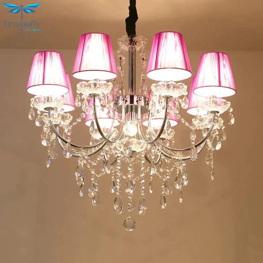 Kids Bedroom Lighting Crystal Chandelies 8 Light Fabric Shade Hanging In Nickel Finish