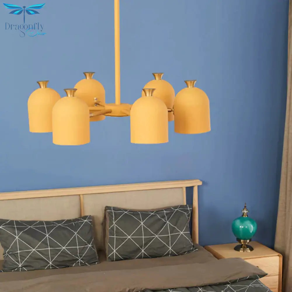 Kids Cup Shade Hanging Light Metal Six Lights Yellow Chandelier For Adult Bedroom