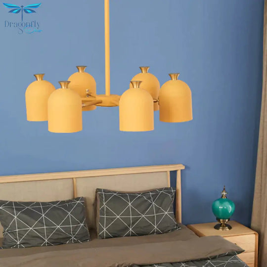 Kids Cup Shade Hanging Light Metal Six Lights Yellow Chandelier For Adult Bedroom