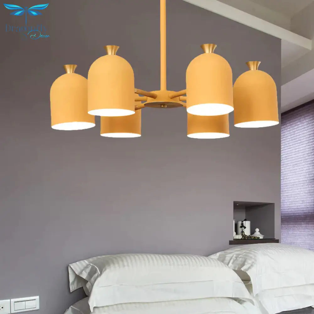Kids Cup Shade Hanging Light Metal Six Lights Yellow Chandelier For Adult Bedroom