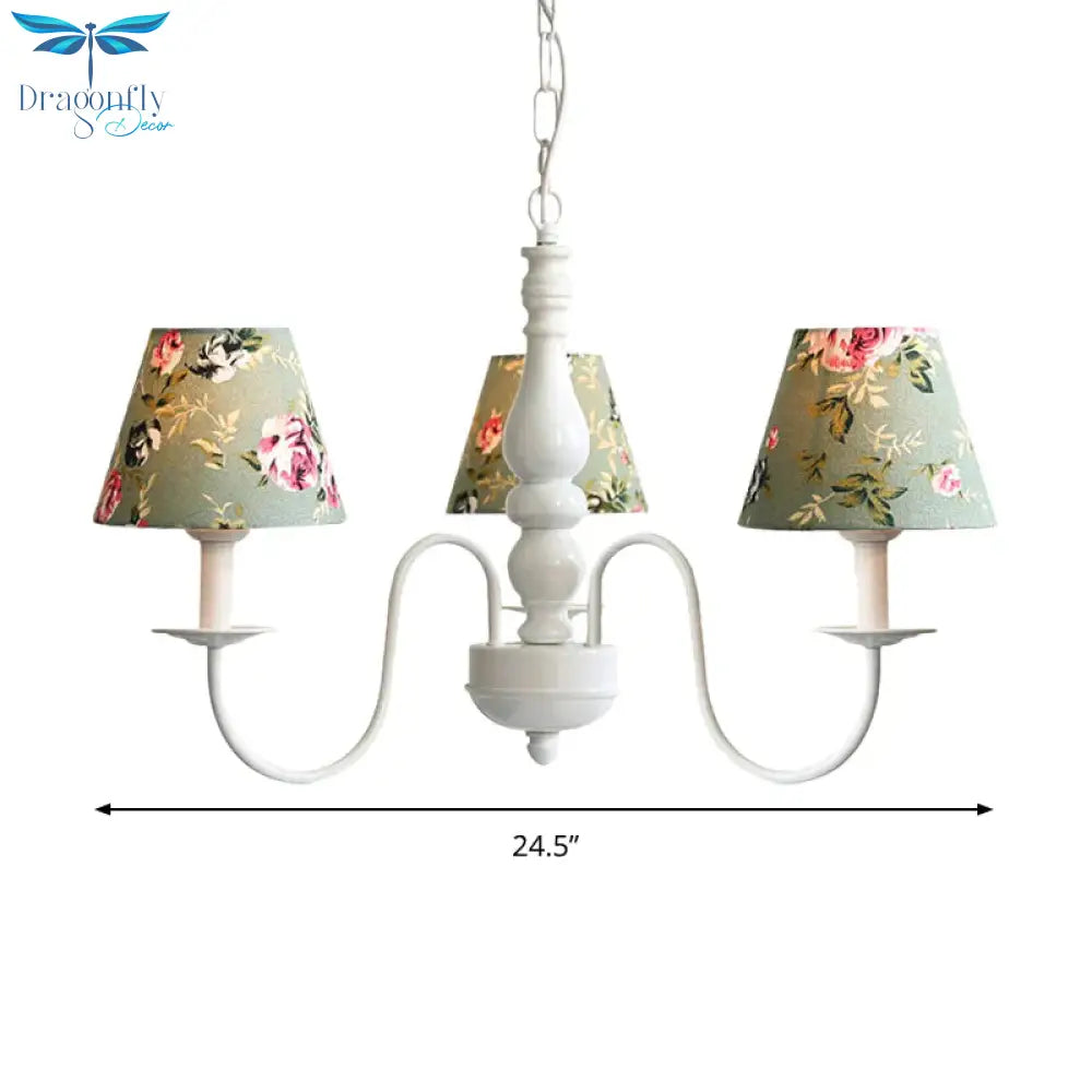 Kids Flower Hanging Light With Tapered Shade 3 Lights Metal Chandelier In Green For Nursing Room