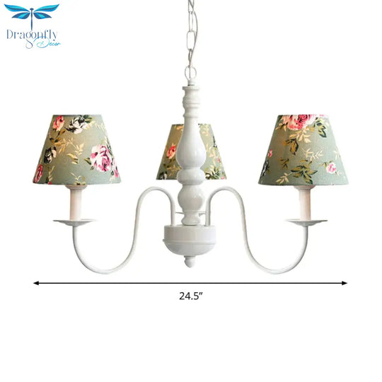 Kids Flower Hanging Light With Tapered Shade 3 Lights Metal Chandelier In Green For Nursing Room