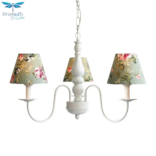 Kids Flower Hanging Light With Tapered Shade 3 Lights Metal Chandelier In Green For Nursing Room