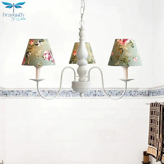 Kids Flower Hanging Light With Tapered Shade 3 Lights Metal Chandelier In Green For Nursing Room