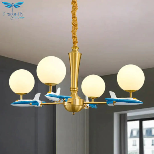Kids Spherical Suspension Lamp Opaque Glass 4 Lights Nursery Chandelier Light With Airplane Deco In