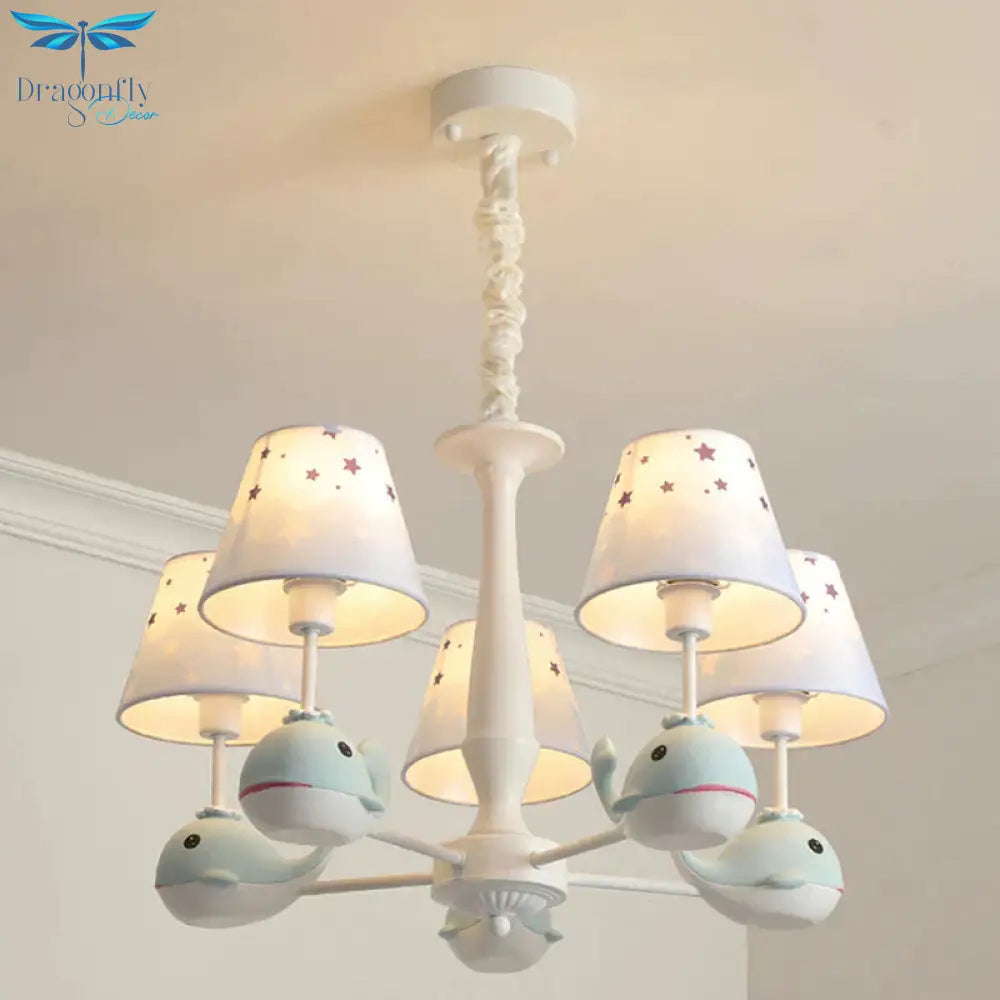 Kids Whale Resin Chandelier Lighting 5 Bulbs Pendant Ceiling Light In Blue With Conical Fabric Shade