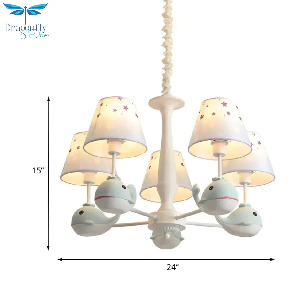 Kids Whale Resin Chandelier Lighting 5 Bulbs Pendant Ceiling Light In Blue With Conical Fabric Shade