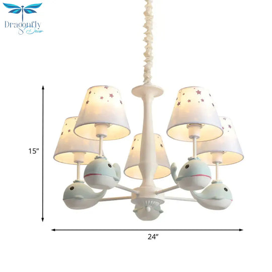 Kids Whale Resin Chandelier Lighting 5 Bulbs Pendant Ceiling Light In Blue With Conical Fabric Shade