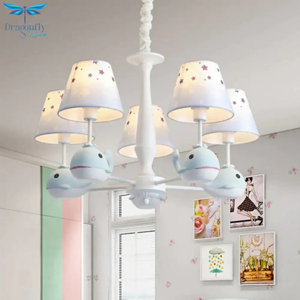 Kids Whale Resin Chandelier Lighting 5 Bulbs Pendant Ceiling Light In Blue With Conical Fabric Shade