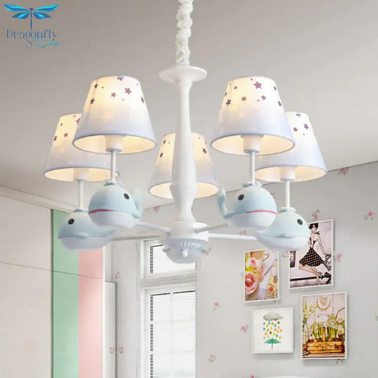 Kids Whale Resin Chandelier Lighting 5 Bulbs Pendant Ceiling Light In Blue With Conical Fabric Shade