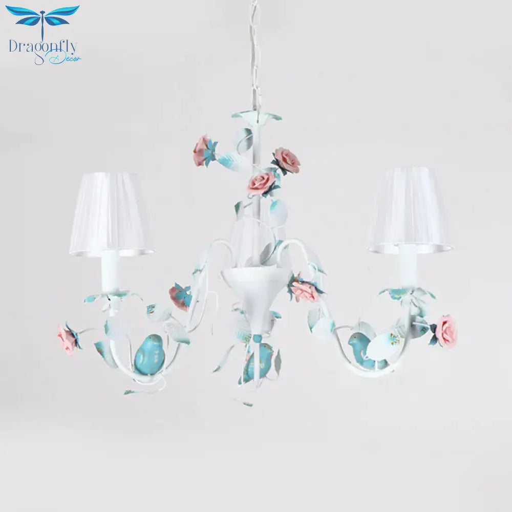 Korean Flower Candle Hanging Chandelier 3/6 - Light Fabric Pendant Lamp With Swoop Arm In White