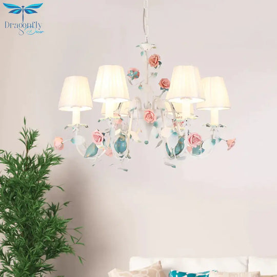 Korean Flower Candle Hanging Chandelier 3/6 - Light Fabric Pendant Lamp With Swoop Arm In White