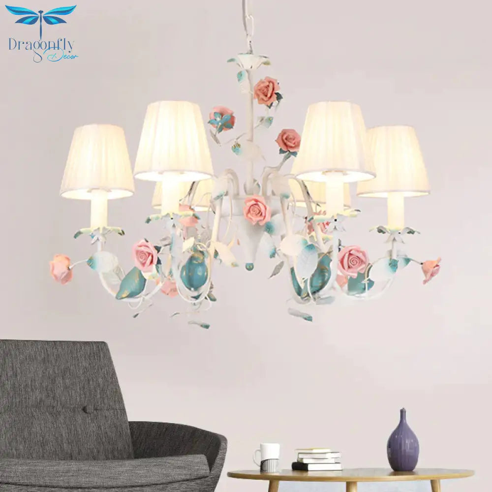 Korean Flower Candle Hanging Chandelier 3/6 - Light Fabric Pendant Lamp With Swoop Arm In White