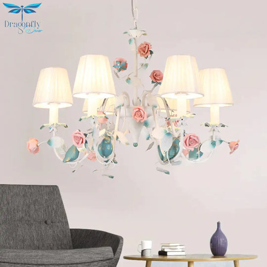 Korean Flower Candle Hanging Chandelier 3/6 - Light Fabric Pendant Lamp With Swoop Arm In White