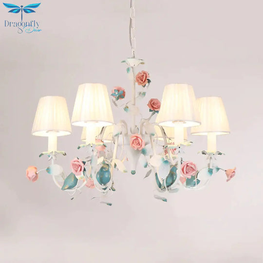 Korean Flower Candle Hanging Chandelier 3/6 - Light Fabric Pendant Lamp With Swoop Arm In White