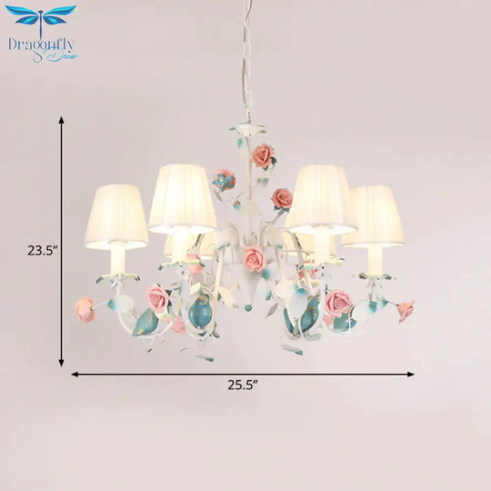 Korean Flower Candle Hanging Chandelier 3/6 - Light Fabric Pendant Lamp With Swoop Arm In White