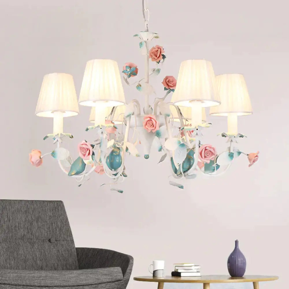 Korean Flower Candle Hanging Chandelier 3/6 - Light Fabric Pendant Lamp With Swoop Arm In White 6 /