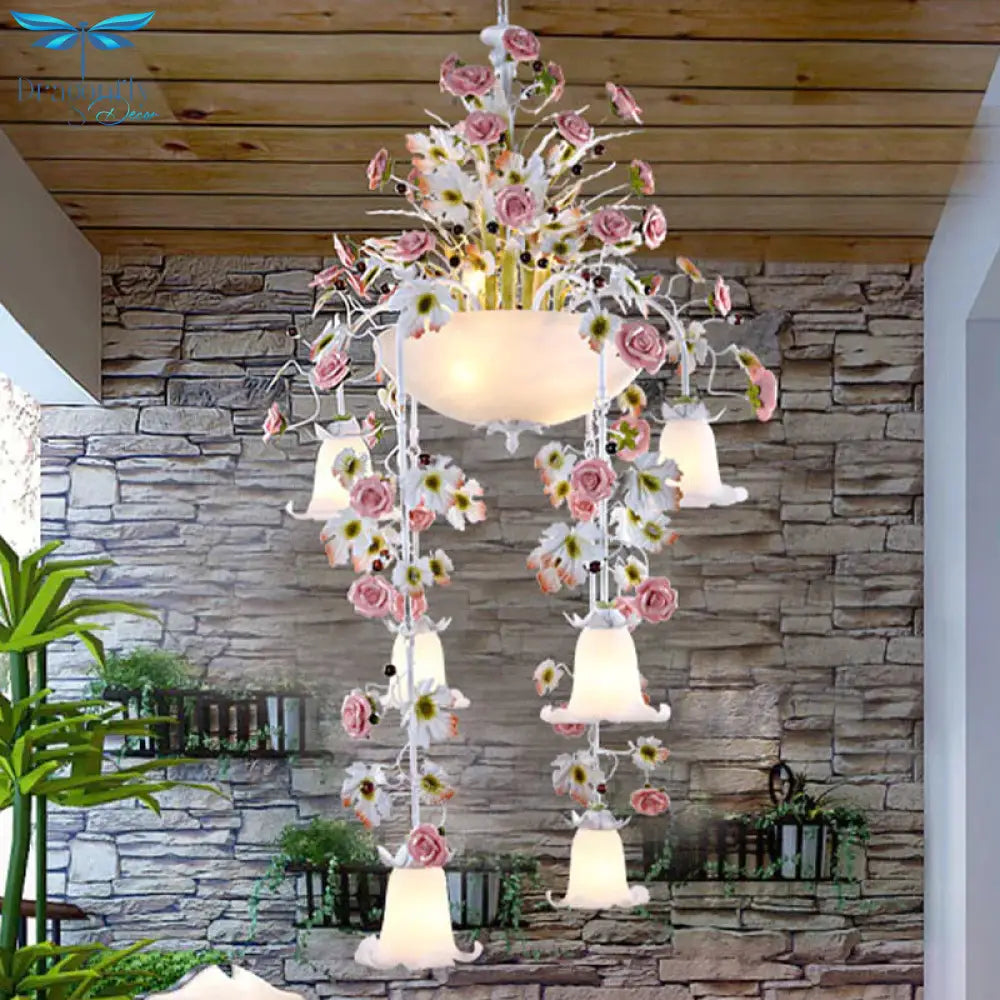 Korean Flower Draped Ceiling Pendant 10 Heads White Glass Chandelier Lighting Fixture For Living