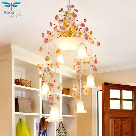 Korean Flower Draped Ceiling Pendant 10 Heads White Glass Chandelier Lighting Fixture For Living