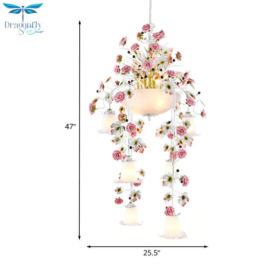Korean Flower Draped Ceiling Pendant 10 Heads White Glass Chandelier Lighting Fixture For Living